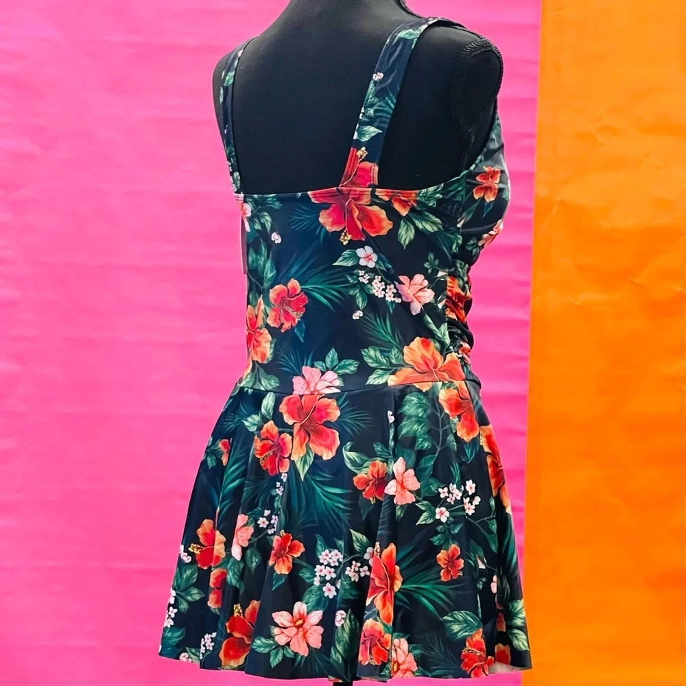 Yonique Floral Tropical Hibiscus One-Piece Swimsuit Size Large